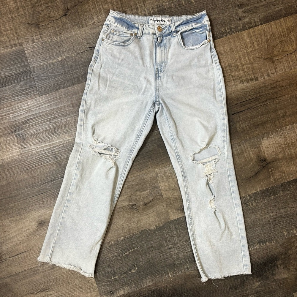 Indigo Rein-Straight leg, High-rise, Distressed, raw hemline jeans, GUC